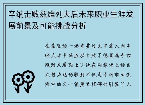 辛纳击败兹维列夫后未来职业生涯发展前景及可能挑战分析