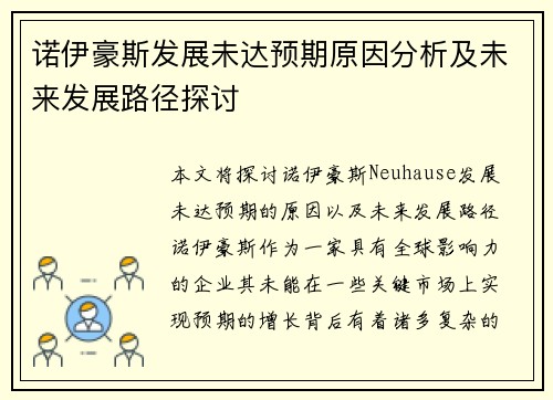 诺伊豪斯发展未达预期原因分析及未来发展路径探讨