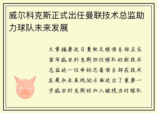 威尔科克斯正式出任曼联技术总监助力球队未来发展 威尔科克斯正式出任曼联技术总监助力球队未来发展