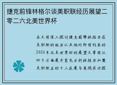 捷克前锋林格尔谈美职联经历展望二零二六北美世界杯