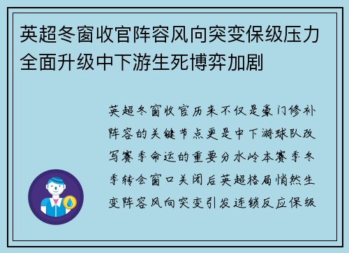 英超冬窗收官阵容风向突变保级压力全面升级中下游生死博弈加剧 英超冬窗收官阵容风向突变保级压力全面升级中下游生死博弈加剧